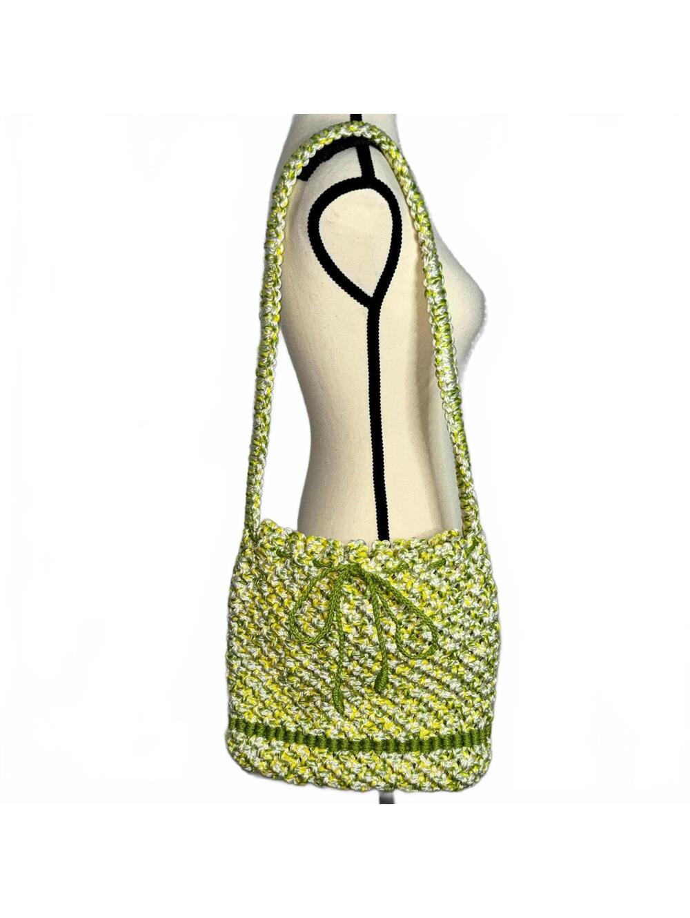 Vintage 80s Crochet Shoulder Bag -‎ Green & Yellow Knit Artisanal